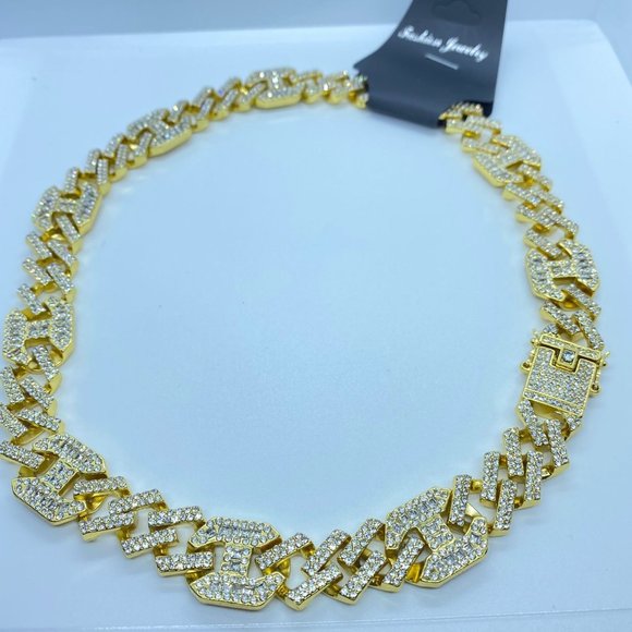 18K Plated Iced Out CZ Crystal Cuban Link Chain with Bracelet SET Gold - Picture 4 of 8